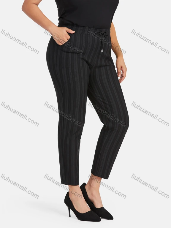 Wholesale Women's Casual Plus Size High Elastic Striped Print Stright Leg Pants With Drawstring 33100#