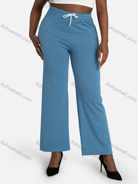 Wholesale Women's Casual Plain Waffle Jacquard High Waist Wide Leg Pants With Drawstring