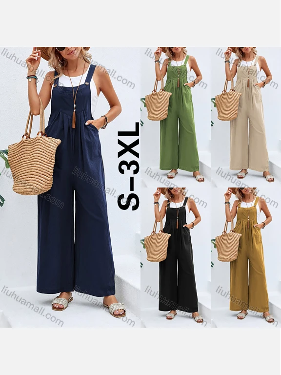 Wholesale Women's Casual Plain Ruched Patch Pocket Loose Wide Leg Overall Jumpsuits