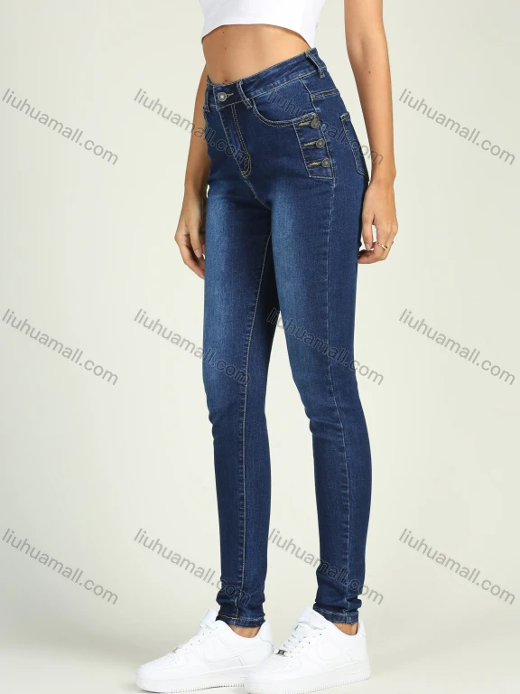 Wholesale Women's High Waist Stretch Washed Button Decor Skinny Jeans