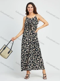 Wholesale Women's Spaghetti Strap Allover Floral Print Casual Tie Front Cami Maxi Dress, LIUHUA CLOTHING WHOLESALE