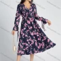 Wholesale Women's Allover Floral Print Long Bell Sleeve Pleated V Neck Flared Midi Dress preview