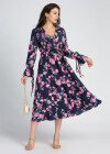 Wholesale Women's Allover Floral Print Long Bell Sleeve Pleated V Neck Flared Midi Dress - Liuhuamall