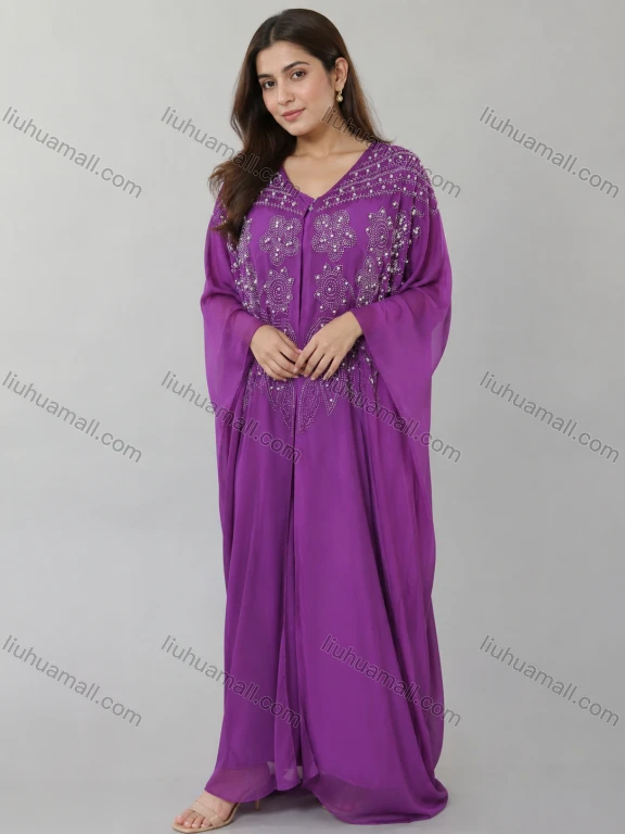 Wholesale Women's Evening Elegant Beaded Embroidered Long Sleeve Kaftan Dress #LHB005