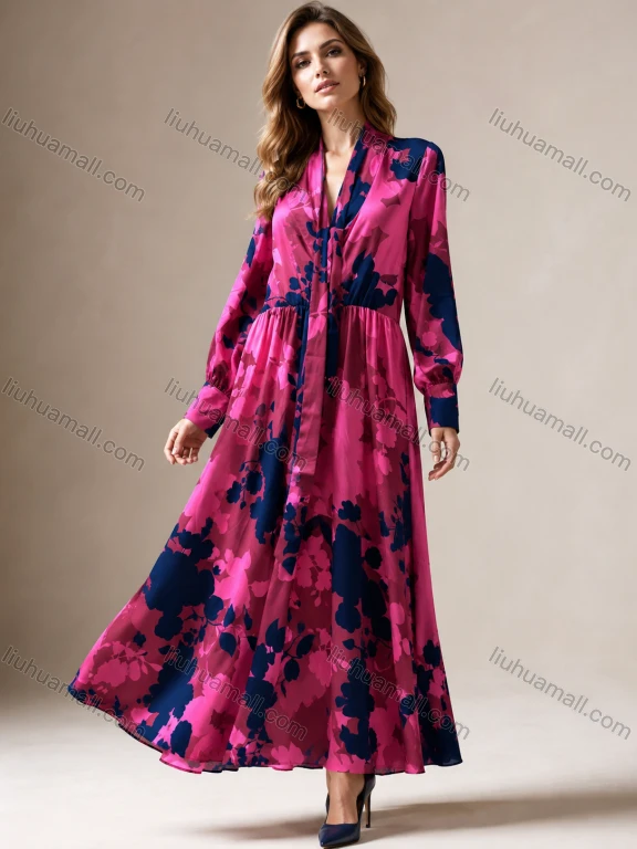 Wholesale Women's Casual Elegant Floral Print Long Sleeve Maxi Dress #LHB003