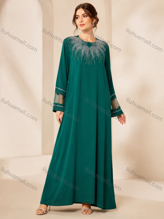 Wholesale Women's Evening Formal Elegant Rhinestone Embellished Long Sleeve Maxi Dress #LHB002