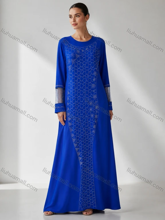 Wholesale Women's Evening Formal Elegant Rhinestone Embellished Long Sleeve Maxi Dress #LHB001