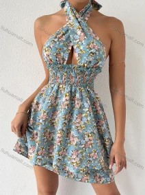 Wholesale Women's Sexy Halter Elastic Waist Floral Print Layered Hem Short Dress 3324L#, LIUHUA CLOTHING WHOLESALE