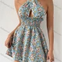 Wholesale Women's Sexy Halter Elastic Waist Floral Print Layered Hem Short Dress 3324L# preview