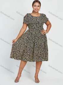 Wholesale Women's Plus Size Casual Cotton Round Neck Layered Short Sleeve Cutout Allover Floral Print Midi Dress, LIUHUA CLOTHING WHOLESALE