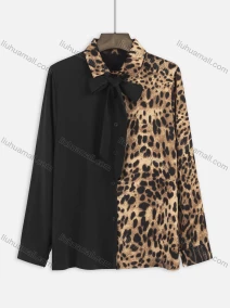 Wholesale Women's Casual Splicing Colorblock Leopard Print Bow Tie Button Down Long Sleeve Blouse, LIUHUA CLOTHING WHOLESALE