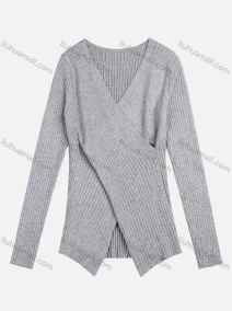 Wholesale Women's Elegant V Neck Long Sleeve Asymmetrical Hem Wrap Ribbed Knit Sweater, LIUHUA CLOTHING WHOLESALE