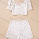 Wholesale Women's Casual Short Sleeve Ruched Crop Tops & Eyelet Embroidery Shorts 2 Piece Sets White Clothing Wholesale Market Liuhua