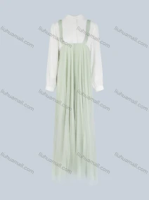 Wholesale Women's Casual Stand Collar Mesh Ruffle Hem Long Sleeve Button Front Maxi Dress, LIUHUA CLOTHING WHOLESALE