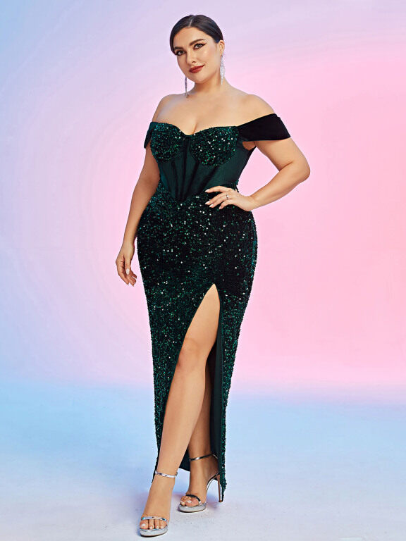 Women's Fashion Elegant Plus Size Plain Sequin Splicing Split Thigh Off Shoulder Bandage Cocktail Evening Maxi Dress, Clothing Wholesale Market -LIUHUA, All-Categories
