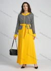 Wholesale Women's Quarter Zip Long Sleeve Round Neck Houndstooth Splicing A-line Maxi Dress With Belt - Liuhuamall