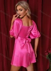 Wholesale Women's Off Shoulder Juliet Sleeve Open Back Bow Knot Back Plain Satin Short Dress AY180# - Liuhuamall