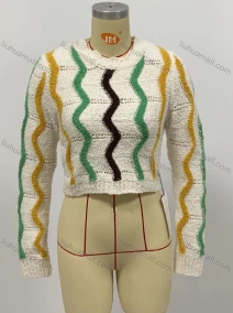 Wholesale Women's Round Neck Long Sleeve Multi-color Wave Print Crop Pullover Sweater, LIUHUA CLOTHING WHOLESALE