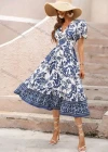 Wholesale Women's Casual Floral Print Wrap V Neck Puff Sleeve High Waist Ruffle Hem Midi Dress - Liuhuamall
