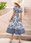 Wholesale Women's Casual Floral Print Wrap V Neck Puff Sleeve High Waist Ruffle Hem Midi Dress - Liuhuamall