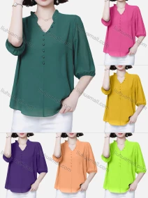 Wholesale Women's Casual Plain Notched Ruffle Trim Pearl Decor Half Sleeve Blouse, LIUHUA CLOTHING WHOLESALE