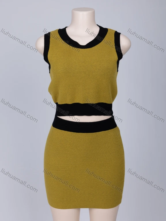 Wholesale Women's Plain Crew Neck Contrast Sweater Tank Crop Top & Short Skirts 2 Piece Set YST131A# & YSP4A#