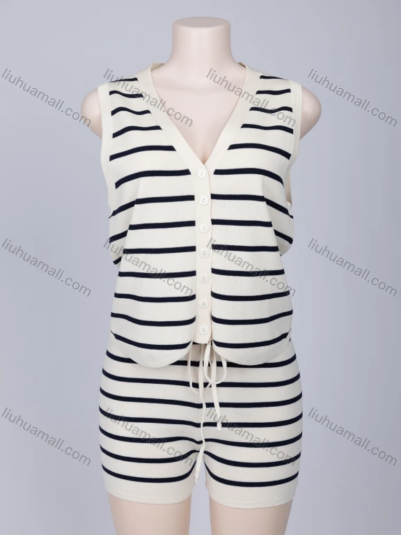 Wholesale Women's Casual Striped V Neck Button Down Tank Top & Drawstring Shorts 2 Piece Set A451# & A464#