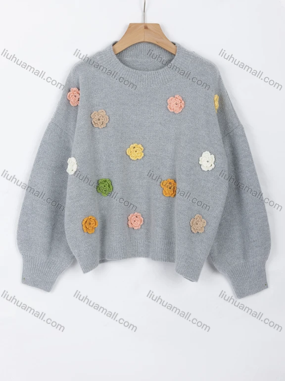 Wholesale Women's Casual Crew Neck Drop Shoulder Long Sleeve Crochet Floral Sweater Top 3031#