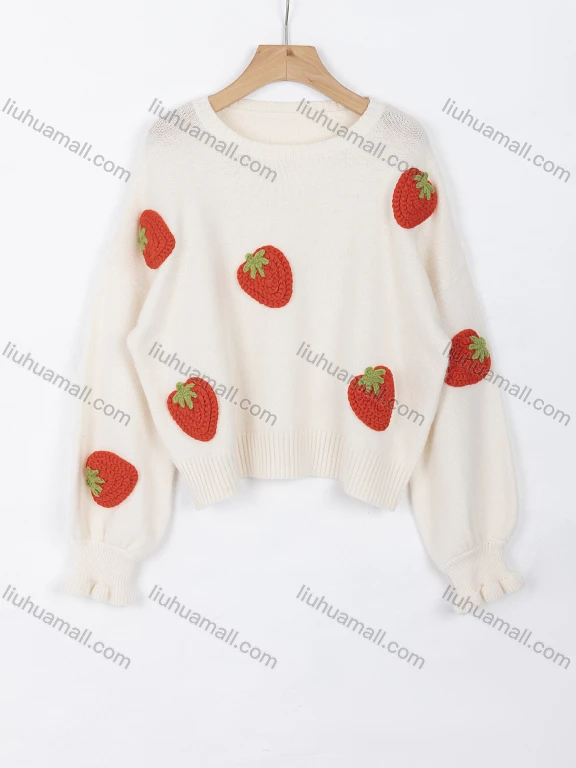 Wholesale Women's Casual Crew Neck Drop Shoulder Long Sleeve Crochet Strawberry Ribbed Sweater Top 8301#