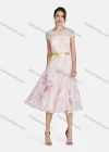 Wholesale Women's Mesh Round Neck Short Sleeve Pearl Sequin Appliques Decor Ruffle Hem Midi Cocktail Dress With Belt 003# - Liuhuamall
