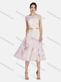 Wholesale Women's Mesh Round Neck Short Sleeve Pearl Sequin Appliques Decor Ruffle Hem Midi Cocktail Dress With Belt 003#, LIUHUA CLOTHING WHOLESALE