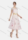 Wholesale Women's Mesh Round Neck Short Sleeve Pearl Sequin Appliques Decor Ruffle Hem Midi Cocktail Dress With Belt 003# - Liuhuamall