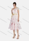 Wholesale Women's Mesh Round Neck Short Sleeve Pearl Sequin Appliques Decor Ruffle Hem Midi Cocktail Dress With Belt 003# - Liuhuamall