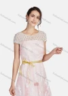 Wholesale Women's Mesh Round Neck Short Sleeve Pearl Sequin Appliques Decor Ruffle Hem Midi Cocktail Dress With Belt 003# - Liuhuamall