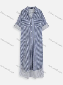 Wholesale Women's Casual Roll Sleeve Button Down Striped High Low Hem Shirt Dress, LIUHUA CLOTHING WHOLESALE