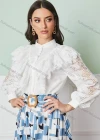 Wholesale Women's Stand Collar Lantern Sleeve Sheer Lace Button Down Plain Blouse AY196# - Liuhuamall