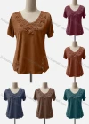 Wholesale Women's Casual Scoop Neck Short Sleeve Appliques Knit Blouse - Liuhuamall