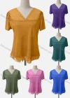 Wholesale Women's Casual V Neck Short Sleeve Appliques Beaded Knit Blouse - Liuhuamall