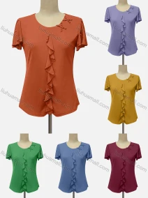 Wholesale Women's Casual Crew Neck Short Sleeve Beaded Ruffle Trim Knit Blouse, LIUHUA CLOTHING WHOLESALE