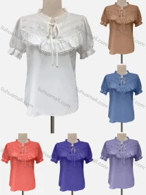 Wholesale Women's Casual Keyhole Neck Puff Sleeve Appliques Knit Blouse, LIUHUA CLOTHING WHOLESALE