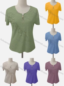 Wholesale Women's Casual Notched Neck Appliques Beaded Blouse, LIUHUA CLOTHING WHOLESALE