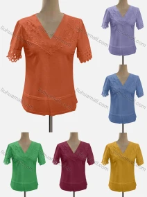 Wholesale Women's Casual V Neck Short Sleeve Eyelet Embroidered Blouse, LIUHUA CLOTHING WHOLESALE