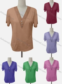 Wholesale Women's Casual V Neck Short Sleeve Rhinestone Blouse, LIUHUA CLOTHING WHOLESALE