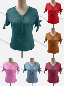 Wholesale Women's Casual V Neck Short Sleeve Lace Up Beaded Blouse, LIUHUA CLOTHING WHOLESALE