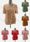 Wholesale Women's Casual Scoop Neck Short Sleeve Lace Up Appliques Blouse - Liuhuamall