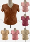 Wholesale Women's Casual Scoop Neck Short Sleeve Lace Up Appliques Blouse - Liuhuamall
