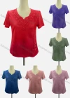 Wholesale Women's Casual Notched Neck Short Sleeve Beaded Appliques Blouse - Liuhuamall