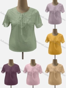 Wholesale Women's Casual Crew Neck Short Sleeve Lace Up Hollow Out Blouse, LIUHUA CLOTHING WHOLESALE