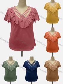 Wholesale Women's Casual V Neck Short Sleeve Criss Cross Ruffle Trim Blouse, LIUHUA CLOTHING WHOLESALE