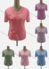 Wholesale Women's Casual V Neck Short Sleeve Appliques Beaded Blouse - Liuhuamall